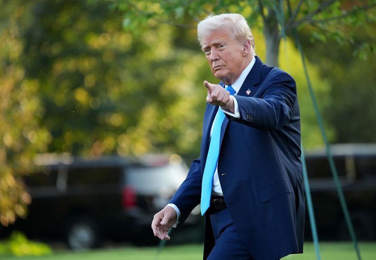 WASHINGTON, DC - SEPTEMBER 22: U.S. President Donald Trump gestures as he departs the White House on September 22, 2025 in Washington, DC. President Trump is traveling to New York to attend the United Nations (UN) General Assembly. (Photo by Andrew Harnik/Getty Images)