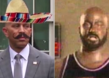 Democrats are showing their hypocrisy by displaying outrage over the White House meme of House Minority Leader Hakeem Jeffries, left, after they fought to get Jimmy Kimmel, right, back on TV even though he wore blackface twice.