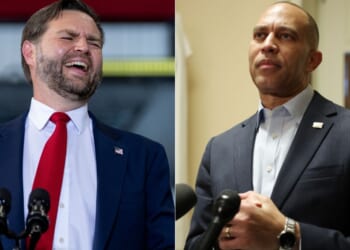 House Minority Leader Hakeem Jeffries, right, attempted to make a meme mocking Vice President J.D. Vance -- after Jeffries became a meme utilized by the White House -- but his attempt backfired spectacularly.