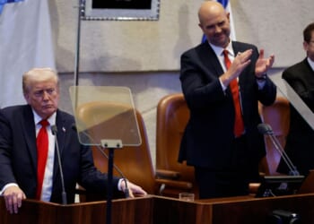 President Donald Trump, left, address the Israeli Knesset in Jerusalem on Monday.