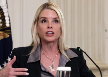 Attorney General Pam Bondi delivers remarks as President Donald Trump delivers an announcement on his Homeland Security Task Force in the State Dining Room of the White House on Oct. 23, 2025, in Washington, D.C.