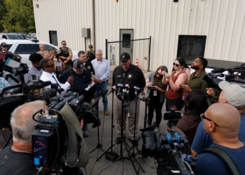 MCEWEN, TENNESSEE - OCTOBER 10: Humphreys County Sheriff Chris Davis speaks to media at Accurate Energetic Systems on October 10, 2025 in McEwen, Tennessee. An explosion this morning at Accurate Energetic Systems military munitions plant has left over a dozen people missing, with multiple fatalities reported. (Photo by Brett Carlsen/Getty Images)