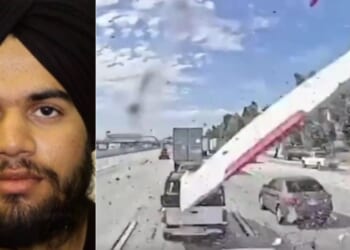 Jashanpreet Singh, left, is an illegal alien who was driving under the influence when he caused a crash, right, in Ontario, California, this week that killed three people.