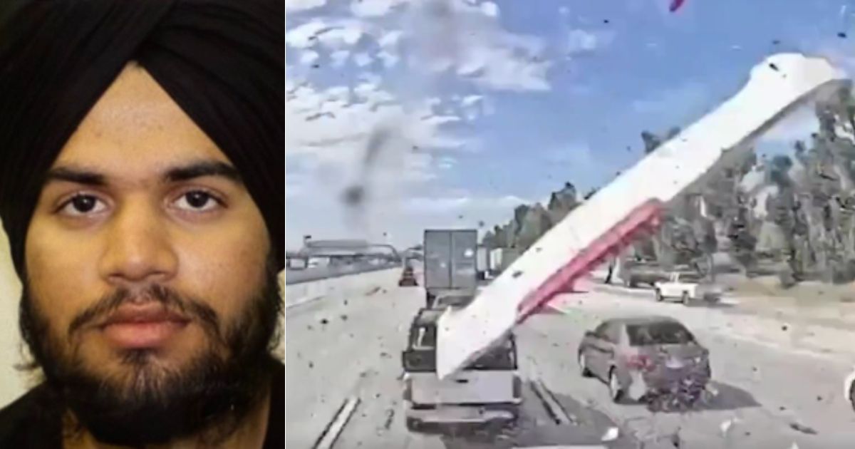 Jashanpreet Singh, left, is an illegal alien who was driving under the influence when he caused a crash, right, in Ontario, California, this week that killed three people.