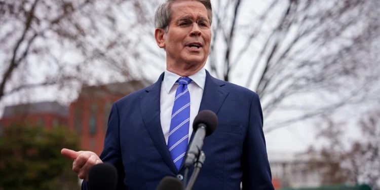 WASHINGTON, DC - MARCH 13: Treasury Secretary Scott Bessent speaks to reporters outside the West Wing after doing a television interview on the North Lawn of the White House on March 13, 2025 in Washington, DC. Bessent stopped to speak to reporters briefly and took a question on tariffs and voiced his concerns about a potential government shutdown. (Photo by Andrew Harnik/Getty Images)