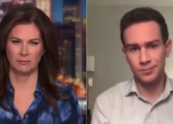 Monday on CNN's "Erin Burnett OutFront," host Erin Burnett, left, interviewed meteorologist Matthew Cappucci, right, and decided to show a video of him throwing up while flying through a hurricane.