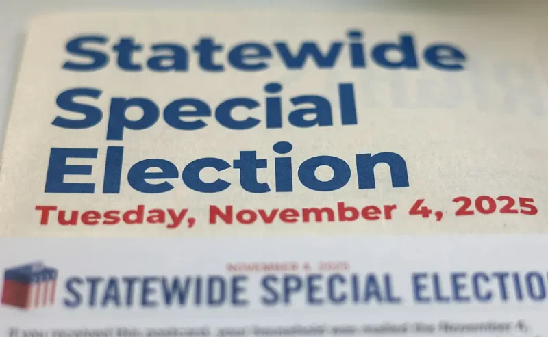 PASADENA, CALIFORNIA - OCTOBER 27: In this photo illustration, California Proposition 50 special election mailing materials are displayed on October 27, 2025 in Pasadena, California. California voters are casting their ballots in the redistricting measure which would redraw the state’s congressional districts in an effort to increase Democratic seats in the U.S. House of Representatives. (Photo Illustration by Mario Tama/Getty Images)