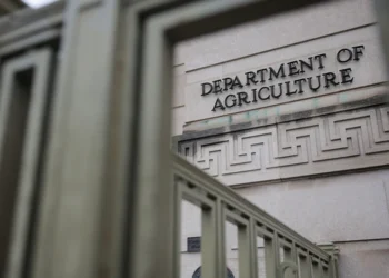 WASHINGTON, DC - APRIL 11: Rain falls on the U.S. Department of Agriculture (USDA) building on April 11, 2025 in Washington, DC. President Donald Trump