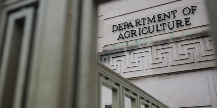 WASHINGTON, DC - APRIL 11: Rain falls on the U.S. Department of Agriculture (USDA) building on April 11, 2025 in Washington, DC. President Donald Trump