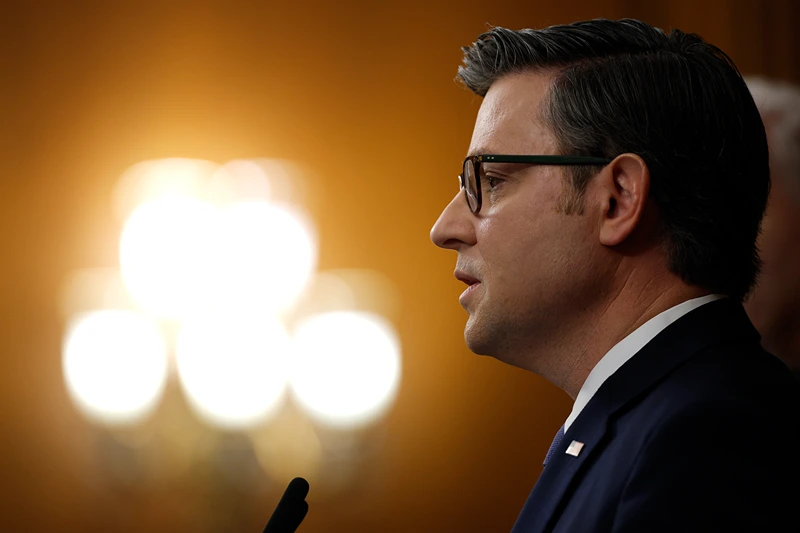WASHINGTON, DC - OCTOBER 09: U.S. Speaker of the House Mike Johnson (R-LA) speaks at a news conference on the government shutdown at the U.S. Capitol on October 09, 2025 in Washington, DC. The government remains shut down after Congress failed to reach a funding deal last week. (Photo by Kevin Dietsch/Getty Images)