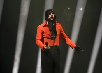NEW YORK, NEW YORK - APRIL 11: Bad Bunny performs during his "Most Wanted" tour at Barclays Center on April 11, 2024 in New York City. (Photo by Marleen Moise/Getty Images)