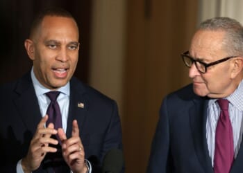 Senate Minority Leader Sen. Chuck Schumer, right, and House Minority Leader Rep. Hakeem Jeffries, both of New York, brief members of the media during a news conference on the government shutdown at the U.S. Capitol Oct. 16 in Washington, D.C.