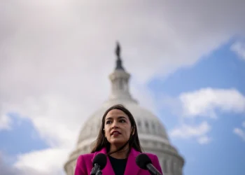 WASHINGTON, DC - JANUARY 26: Rep. Alexandria Ocasio-Cortez (D-NY) speaks during a news conference with Democratic lawmakers about the Biden administrations border politics, outside the U.S. Capitol on January 26, 2023 in Washington, DC. A group of 77 Democratic lawmakers sent a letter to President Joe Biden this week criticizing his administrations policies restricting asylum access for migrants crossing the southern border. (Photo by Drew Angerer/Getty Images)