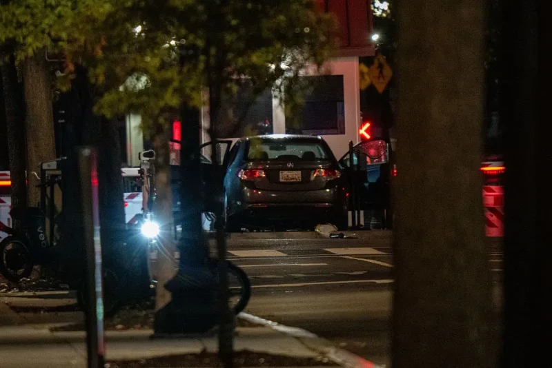 WASHINGTON, DC - OCTOBER 21: A bomb detection robot inspects a vehicle that rammed a security barricade at the White House complex on October 21, 2025 in Washington, DC. The Secret Service reported that one individual was arrested and that the vehicle is now deemed safe. (Photo by Andrew Leyden/Getty Images)