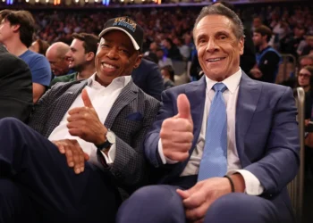 NEW YORK, NEW YORK - OCTOBER 22: New York Mayor Eric Adams poses with Independent candidate former New York Gov. Andrew Cuomo after Cuomo participated in the second debate for the upcoming mayoral election on Wednesday evening during the game between the New York Knicks and the Cleveland Cavaliers at Madison Square Garden on October 22, 2025 in New York City. NOTE TO USER: User expressly acknowledges and agrees that, by downloading and or using this photograph, User is consenting to the terms and conditions of the Getty Images License Agreement. (Photo by Al Bello/Getty Images)