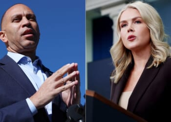 House Minority Leader Hakeem Jeffries, left, attacked White House press secretary Karoline Leavitt, right, in a sick rant, calling her “out of control.”