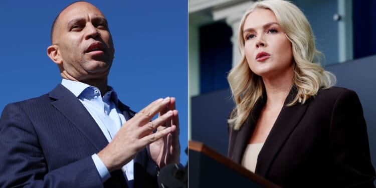 House Minority Leader Hakeem Jeffries, left, attacked White House press secretary Karoline Leavitt, right, in a sick rant, calling her “out of control.”