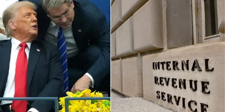 Left, President Donald Trump is pictured speaking with Treasury Secretary Scott Bessent in a September file photo from the U.S. Open in New York. Right, the IRS headquarters in Washington.