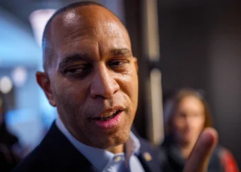 WASHINGTON, DC - OCTOBER 14: House Minority Leader Hakeem Jeffires (D-NY) speaks to reporters as he leaves a news conference at the U.S. Capitol Building on October 14, 2025 in Washington, DC. The government remains shut down after Congress failed to reach a funding deal 14 days ago. (Photo by Andrew Harnik/Getty Images)