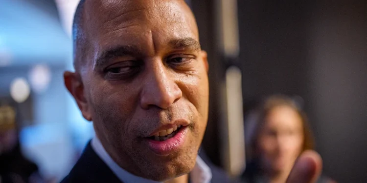 WASHINGTON, DC - OCTOBER 14: House Minority Leader Hakeem Jeffires (D-NY) speaks to reporters as he leaves a news conference at the U.S. Capitol Building on October 14, 2025 in Washington, DC. The government remains shut down after Congress failed to reach a funding deal 14 days ago. (Photo by Andrew Harnik/Getty Images)