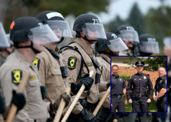 Police interact with demonstrators near the "Free Speech Zone" outside of the immigrant processing and detention center on October 17, 2025, in Broadview, Illinois. Demonstrations have been taking place outside of the facility for several weeks as the Trump administration
