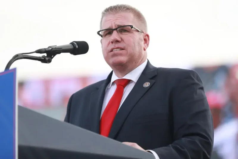 MENDON, IL - JUNE 25: Illinois Gubernatorial hopeful Darren Bailey delivers remarks after receiving an endorsement from Donald Trump during a Save America Rally with former US President Donald Trump at the Adams County Fairgrounds on June 25, 2022 in Mendon, Illinois. Trump will be stumping for Rep. Mary Miller in an Illinois congressional primary and it will be Trump's first rally since the United States Supreme Court struck down Roe v. Wade on Friday. (Photo by Michael B. Thomas/Getty Images)