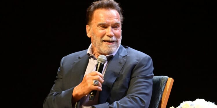 Arnold Schwarzenegger speaks at Chapman University in Orange, California, on Tuesday.
