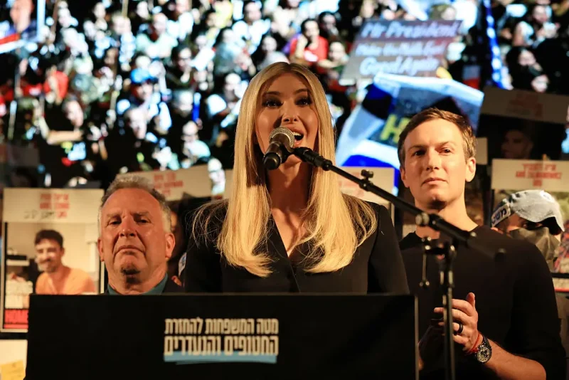TEL AVIV, ISRAEL - OCTOBER 11: Ivanka Trump (C), flanked by United States Special Envoy to the Middle East Steve Witkoff (L) and Jared Kushner, speaks to the crowd at Hostages Square on October 11, 2025 in Tel Aviv, Israel. This week's ceasefire deal between Israel and Hamas has brought an end to the two years of war that followed the attacks of Oct. 7, 2023. A condition of the deal is the return of 48 hostages held in Gaza, 20 of whom are believed to be alive. (Photo by Chris McGrath/Getty Images)