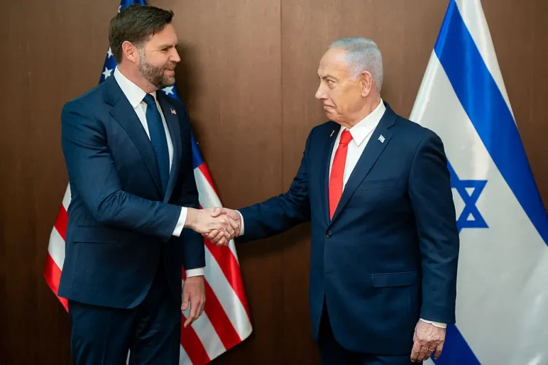 US Vice President JD Vance (L) meets with Israeli Prime Minister Benjamin Netanyahu at the prime minister's office in Jerusalem on October 22, 2025. Vance on October 22 cautioned there were challenges ahead both in terms of disarming Hamas and rebuild Gaza as part of a US-brokered ceasefire between Israel and the Palestinian militant movement. (Photo by Nathan HOWARD / POOL / AFP) (Photo by NATHAN HOWARD/POOL/AFP via Getty Images)