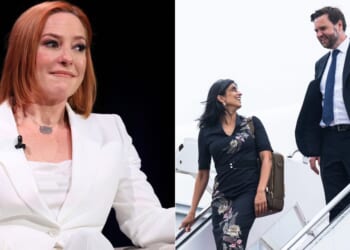 Former White House press secretary Jen Psaki, left, spoke out against Vice President JD Vance, right, and second lady Usha Vance, center, on Tuesday, claiming Usha Vance is scared of her husband.