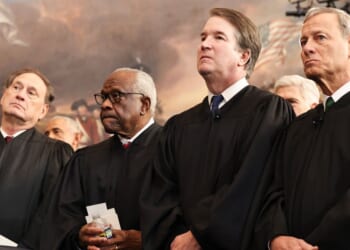 Associate Supreme Court Justices Samuel Alito, Clarence Thomas, and Brett Kavanaugh, and U.S. Chief Justice John Roberts, look on during inauguration ceremonies in the Rotunda of the U.S. Capitol on Jan. 20, 2025, in Washington, D.C.