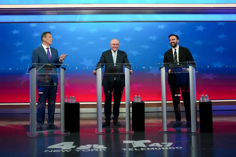 NEW YORK, NY - OCTOBER 16: (L-R) Mayoral candidates, Independent nominee former New York Gov. Andrew Cuomo, Republican nominee Curtis Sliwa and Democratic nominee Zohran Mamdani participate in a mayoral debate at Rockefeller Center on October 16, 2025 in New York City. The candidates for New York City mayor are facing off in their first debate ahead of the November 4 election. (Photo by Angelina Katsanis-Pool/Getty Images)