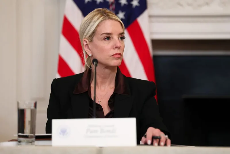 WASHINGTON, DC - OCTOBER 08: U.S. Attorney General Pam Bondi looks on during a roundtable discussion in the State Dining Room of the White House on October 08, 2025 in Washington, DC. Trump’s administration held the roundtable to discuss the anti-fascist Antifa movement after signing an executive order designating it as a “domestic terrorist organization”. (Photo by Anna Moneymaker/Getty Images)