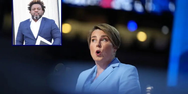 Massachusetts Gov. Maura Healey speaks on stage during the final day of the Democratic National Convention at the United Center on August 22, 2024 in Chicago, Illinois. Delegates, politicians, and Democratic Party supporters are gathering in Chicago, as current Vice President Kamala Harris is named her party
