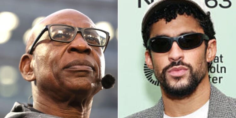 Legendary NFL running back Eric Dickerson, left, blasted the league's decision to invite Puerto Rican music star Benito Antonio Martínez Ocasio, known by the stage name Bad Bunny, to perform at the Super Bowl halftime show in February. (Sam Hodde / Getty Images; Cindy Ord / Getty Images)