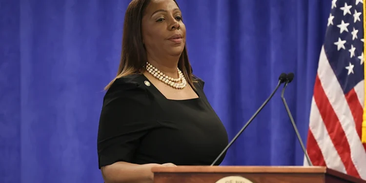 NEW YORK, NY - FEBRUARY 16: Attorney General Letitia James arrives for a press conference following a verdict against former U.S. President Donald Trump in a civil fraud trial on February 16, 2024 in New York City. Justice Arthur Engoron ruled against the former president finding him liable for conspiring to manipulating his networth and fining him $335 million and imposing a three year ban from serving in top roles at any NY company. The judge also banned Eric and Donald Trump Jr. for two years as well as a fine of more than four million dollars. (Photo by Michael M. Santiago/Getty Images)