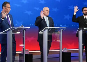 New York City mayoral candidates, Independent and former New York Gov. Andrew Cuomo, left, Republican Curtis Sliwa, center, and Democrat Zohran Mamdani debate in New York Thursday.