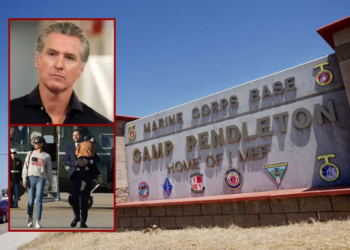 View of the main entrance to Camp Pendleton on July 26, 2019 in Oceanside, California. Sixteen Marines were arrested at Camp Pendleton Thursday morning during battalion formation for various illegal activities ranging from human smuggling to drug-related offenses. (Photo by Sandy Huffaker/Getty Images) / California Governor Gavin Newsom listens before speaking during a press conference announcing $11 insulin and prescription drugs with the CalRX program inside a Cedars-Sinai pharmacy in Los Angeles, California on October 16, 2025. (Photo by Patrick T. Fallon / AFP) (Photo by PATRICK T. FALLON/AFP via Getty Images) / U.S. Vice President JD Vance and Second Lady Usha Vance walk to board Air Force Two on October 17, 2025 at Joint Base Andrews, Maryland. Vice President Vance and Second Lady Usha Vance are on their way to Southern California to attend the 250th anniversary celebration of the Marine Corps at Camp Pendleton, near San Diego. (Photo by Oliver Contreras-Pool/Getty Images)