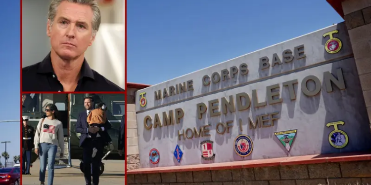 View of the main entrance to Camp Pendleton on July 26, 2019 in Oceanside, California. Sixteen Marines were arrested at Camp Pendleton Thursday morning during battalion formation for various illegal activities ranging from human smuggling to drug-related offenses. (Photo by Sandy Huffaker/Getty Images) / California Governor Gavin Newsom listens before speaking during a press conference announcing $11 insulin and prescription drugs with the CalRX program inside a Cedars-Sinai pharmacy in Los Angeles, California on October 16, 2025. (Photo by Patrick T. Fallon / AFP) (Photo by PATRICK T. FALLON/AFP via Getty Images) / U.S. Vice President JD Vance and Second Lady Usha Vance walk to board Air Force Two on October 17, 2025 at Joint Base Andrews, Maryland. Vice President Vance and Second Lady Usha Vance are on their way to Southern California to attend the 250th anniversary celebration of the Marine Corps at Camp Pendleton, near San Diego. (Photo by Oliver Contreras-Pool/Getty Images)