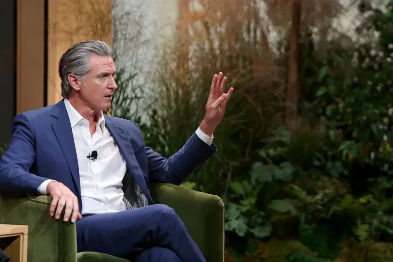 NEW YORK, NEW YORK - SEPTEMBER 24: Governor Gavin Newsom speaks onstage during the NYT Climate Forward 2025 at The Times Center on September 24, 2025 in New York City. (Photo by Yana Paskova/Getty Images for NYT)