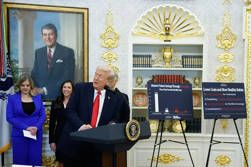 WASHINGTON, DC - OCTOBER 16: U.S. President Donald Trump delivers remarks from the Oval Office of the White House on October 16, 2025 in Washington, DC. Trump outlined plans to expand vitro fertilization (IVF) access by encouraging workplace benefits to include access to IVF and infertility coverage. (Photo by Kevin Dietsch/Getty Images)