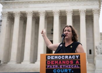 Rep. Katie Porter speaks during a rally outside of the U.S. Supreme Court in Washington, DC, on June 22, 2023.