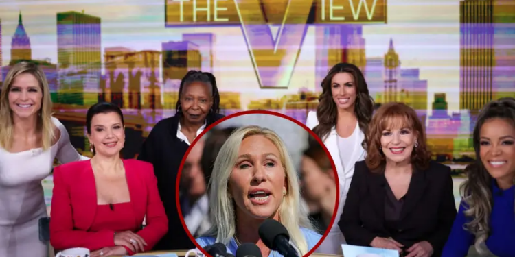 US Vice President and Democratic presidential nominee Kamala Harris (C) is pictured in studio at ABC during a break in the recording of the show "The View" with hosts (L-R) Sara Haines, Ana Navarro, Whoopi Goldberg, Alyssa Farah Griffin, Joy Behar and Sunny Hostin in New York on October 8, 2024. (Photo by Charly TRIBALLEAU / AFP) (Photo by CHARLY TRIBALLEAU/AFP via Getty Images) / U.S. Representative Marjorie Taylor Greene (R-GA) speaks at a press conference alongside alleged victims of Jeffrey Epstein at the U.S. Capitol in Washington, D.C. on September 3, 2025, announcing the Epstein Files Transparency Act, which calls for the release of all unclassified documents in the Jeffrey Epstein case. (Photo by Bryan Dozier / Middle East Images via AFP) (Photo by BRYAN DOZIER/Middle East Images/AFP via Getty Images)