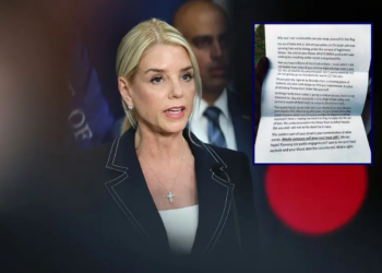 U.S. Attorney General Pam Bondi speaks during a press conference at the U.S. Attorney’s Office on August 25, 2025 in the Brooklyn Heights neighborhood of the Brooklyn borough in New York City. Attorney General Bondi announced the guilty plea of Sinaloa cartel co-founder Ismael “El Mayo” Zambada Garcia on federal crimes alongside other law enforcement officials including the U.S. Attorney for the Eastern District of New York Joseph Nocella, Jr., Drug Enforcement Administrator Terrance C. Cole, Homeland Security Investigations Acting Executive Associate Director Derek W. Gordon, and Federal Bureau of Investigation Operations Director Chad Yarbrough. (Photo by Michael M. Santiago/Getty Images) / Image of letter sent to conservative commentator Benny Johnson; U.S. District Court for the Southern District of California