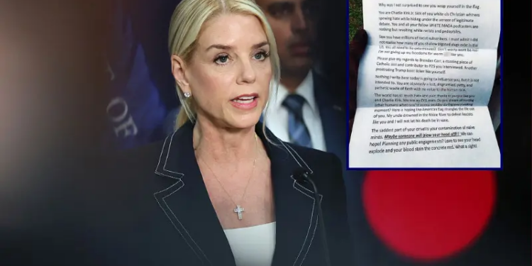 U.S. Attorney General Pam Bondi speaks during a press conference at the U.S. Attorney’s Office on August 25, 2025 in the Brooklyn Heights neighborhood of the Brooklyn borough in New York City. Attorney General Bondi announced the guilty plea of Sinaloa cartel co-founder Ismael “El Mayo” Zambada Garcia on federal crimes alongside other law enforcement officials including the U.S. Attorney for the Eastern District of New York Joseph Nocella, Jr., Drug Enforcement Administrator Terrance C. Cole, Homeland Security Investigations Acting Executive Associate Director Derek W. Gordon, and Federal Bureau of Investigation Operations Director Chad Yarbrough. (Photo by Michael M. Santiago/Getty Images) / Image of letter sent to conservative commentator Benny Johnson; U.S. District Court for the Southern District of California