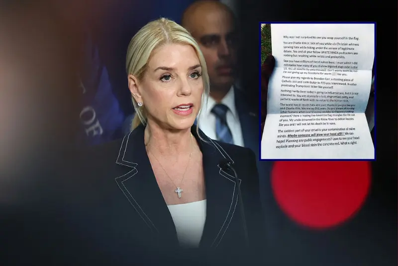 U.S. Attorney General Pam Bondi speaks during a press conference at the U.S. Attorney’s Office on August 25, 2025 in the Brooklyn Heights neighborhood of the Brooklyn borough in New York City. Attorney General Bondi announced the guilty plea of Sinaloa cartel co-founder Ismael “El Mayo” Zambada Garcia on federal crimes alongside other law enforcement officials including the U.S. Attorney for the Eastern District of New York Joseph Nocella, Jr., Drug Enforcement Administrator Terrance C. Cole, Homeland Security Investigations Acting Executive Associate Director Derek W. Gordon, and Federal Bureau of Investigation Operations Director Chad Yarbrough. (Photo by Michael M. Santiago/Getty Images) / Image of letter sent to conservative commentator Benny Johnson; U.S. District Court for the Southern District of California