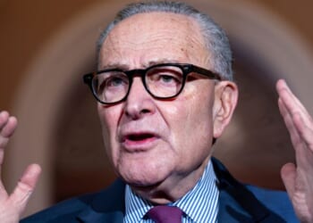 Senate Minority Leader Chuck Schumer speaks to reporters outside the Senate chambers at the Capitol in Washington, D.C., on Thursday.
