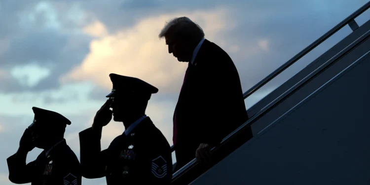 WEST PALM BEACH, FLORIDA - OCTOBER 17: U. S. President Donald Trump walks down the steps of Air Force One after he landed at West Palm Beach International Airport on October 17, 2025 in West Palm Beach, Florida. President Trump is spending his weekend at Mar-a-Lago in Palm Beach, Florida. (Photo by Alex Wong/Getty Images)