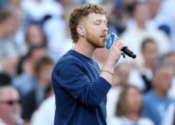 JP Saxe sings the Canadian National Anthem Monday before game three of the 2025 World Series between the Toronto Blue Jays and the Los Angeles Dodgers at Dodger Stadium in Los Angeles, California.