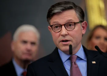 WASHINGTON, DC - OCTOBER 27: Speaker of the House Mike Johnson (R-LA) talks to reporters on the 27th day of the federal government shutdown in the Rayburn Room at the U.S. Capitol on October 27, 2025 in Washington, DC. While keeping his party